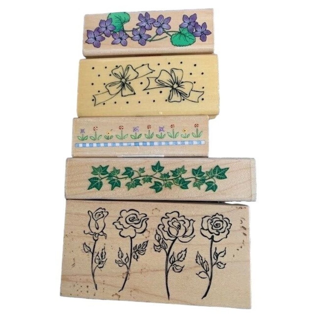 Wooden Rubber Stamp Set Floral & Nature Design Crafting Lot Vines Roses